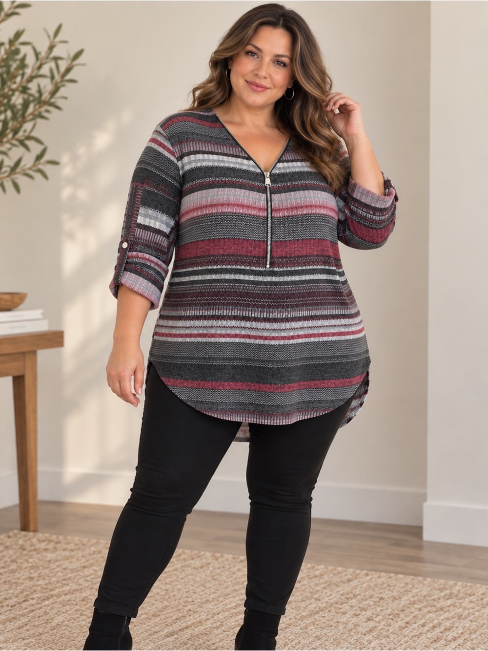 Avenue Plus Size 30/32 Burgundy Gray Striped Half Zip Tunic Top